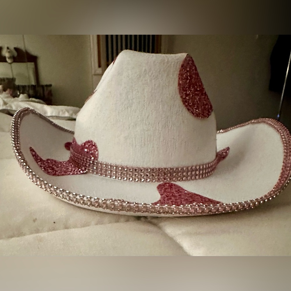 Pink Glitter Hearts White Cowboy Hat